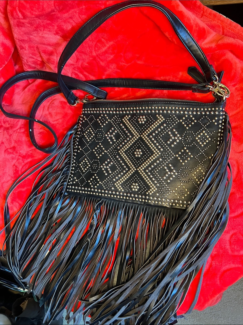 Imoshion Black Studded Fringe Crossbody with Geometric Pattern